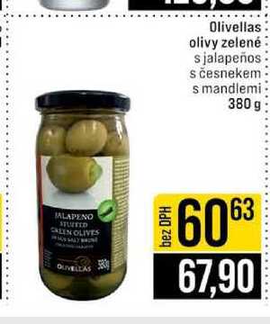 Olivellas olivy zelené s jalapeños s česnekem s mandlemi 380 g 