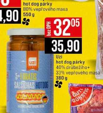 Uzi hot dog párky 40% drůbežího+ 33% vepřového masa 380 g 