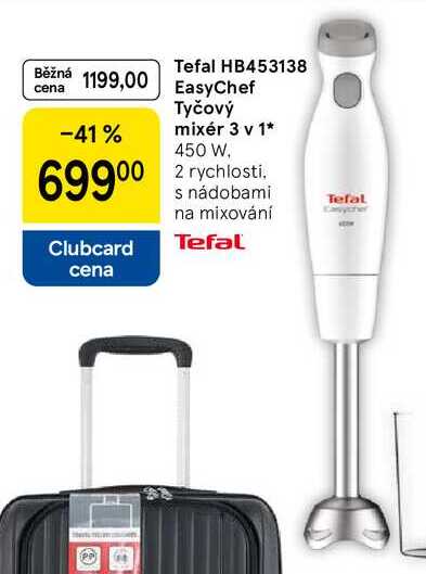 Tefal HB453138 EasyChef Tyčový mixér 3 v 1, 450 W. 2 rychlosti. s nádobami 