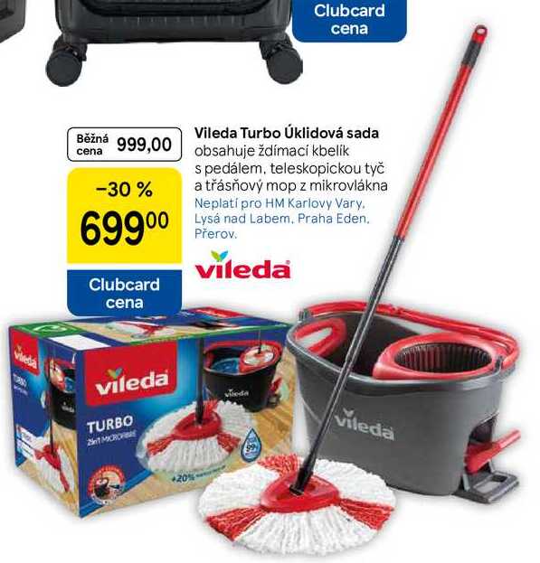 Vileda Turbo Úklidová sada obsahuje ždímací kbelík s pedálem, teleskopickou tyč a třásňový mop z mikrovlákna 