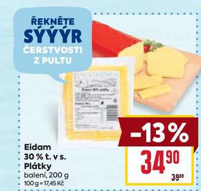 Eidam 30% t. vs. Plátky balení, 200 g