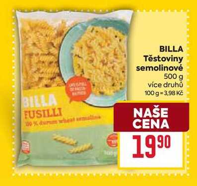 BILLA Těstoviny semolinové 500 g 
