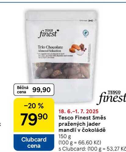 Tesco Finest Směs pražených jader mandlí v čokoládě, 150 g  