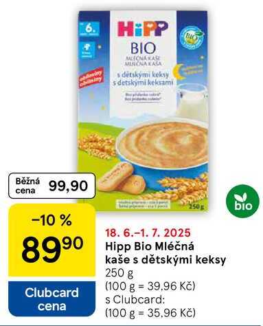 Hipp Bio Mléčná Clubcard cena kaše s dětskými keksy, 250 g  