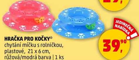 HRAČKA PRO KOČKY chytání míčku s rolničkou, plastové, 21 x 6 cm, růžová/modrá barva, 1 ks 