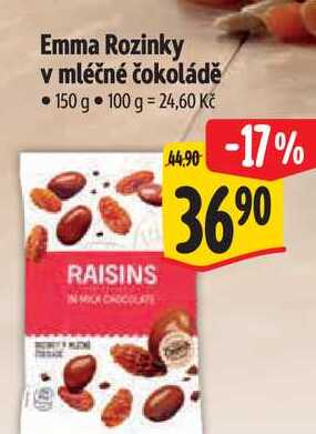 Emma Rozinky v mléčné čokoládě, 150 g 