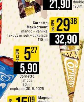 Cornetto Max kornout mango + vanilka lískový oříšek + čokoláda 115g