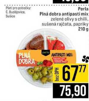 Perla Plná dobra antipasti mix zelené olivy s chilli, sušená rajčata, papriky 210 g 