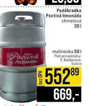 Poděbradka Poctivá limonáda chmelová 30l malinovka 50l