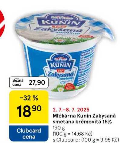 Mlékárna Kunín Zakysaná smetana krémovitá 15%, 190 g 
