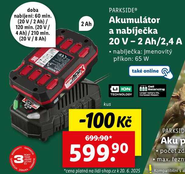 Akumulátor a nabíječka 20 V - 2 Ah/2,4 A