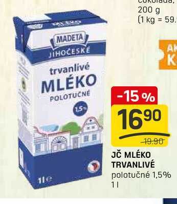 JČ MLÉKO TRVANLIVÉ polotučné 1,5% 1l 