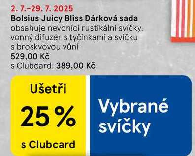Bolsius Juicy Bliss Dárková sada, obsahuje nevoníci rustikální svíčky. vonný difuzér s tyčinkami a svíčku s broskvovou vůní  