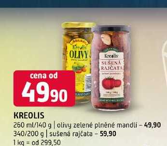 Kreolis 260 ml/140 g olivy zelené plněné mandlí 340/200 g sušená rajčata 