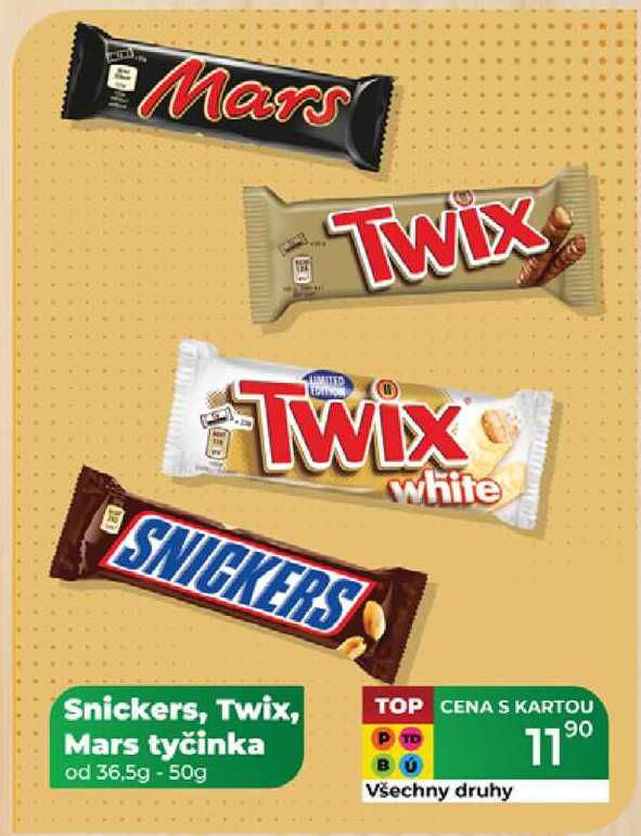 Snickers, Twix, Mars tyčinka od 36,5g - 50g 