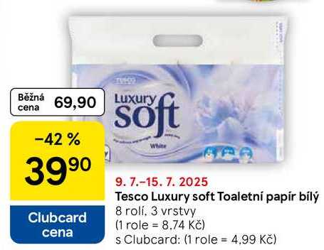 Tesco Luxury soft Toaletní papír bílý, 8 rolí, 3 vrstvy 