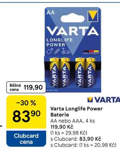 Varta Longlife Power Baterie AA nebo AAA, 4 ks 