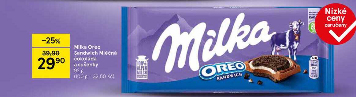 Milka Oreo Sandwich Mléčná čokoláda a sušenky, 92 g  