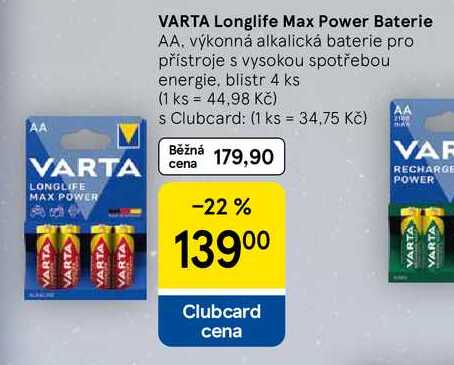 VARTA Longlife Max Power Baterie AA, výkonná alkalická baterie pro přístroje s vysokou spotřebou energie, blistr, 4 ks