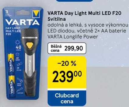 VARTA Day Light Multi LED F20 Svítilna, odolná a lehká, s vysoce výkonnou LED diodou, včetně 2x AA baterie 