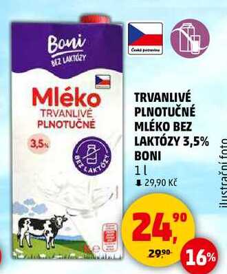 TRVANLIVE PLNOTUČNÉ MLÉKO BEZ LAKTÓZY 3,5% BONI, 1 l