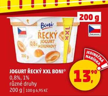JOGURT ŘECKÝ XXL BONI 0,8%, 1% různé druhy, 200 g 