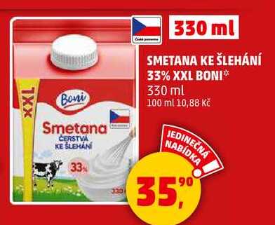 SMETANA KE ŠLEHÁNÍ 33% XXL BONI, 330 ml  