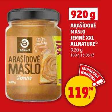 ARAŠÍDOVÉ MÁSLO JEMNÉ XXL ALLNATURE, 920 g 