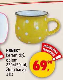 HRNEK keramický, objem 230/450 ml, žlutá barva, 1 ks  