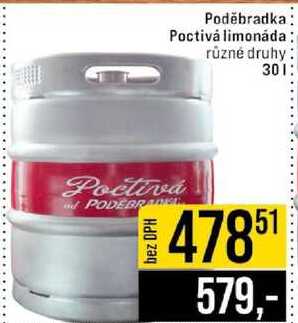 Poděbradka Poctivá limonáda různé druhy 30l