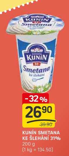 KUNÍN SMETANA KE ŠLEHÁNÍ 31% 200 g