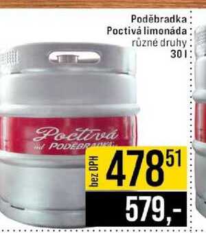 Poděbradka Poctivá limonáda různé druhy 30l