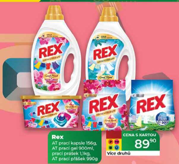 Rex AT prací kapsle 156g. AT prací gel 900ml, prací prášek 1,1kg, AT prací přášek 990g 