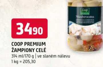Coop premium žampiony celé 314 ml/170 g ve slaném nálevu 
