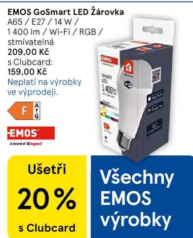 EMOS GoSmart LED Žárovka, A65/E27/14 W/ 1400 Im Wi-Fi / RGB / stmívatelná  