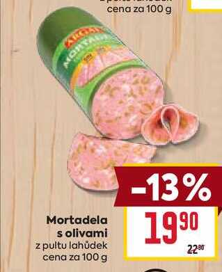 Mortadela s olivami z pultu lahůdek cena za 100g