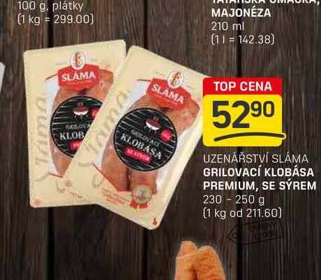 GRILOVACÍ KLOBÁSA PREMIUM, SE SÝREM 230 - 250 g