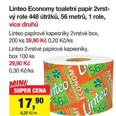 Linteo Economy toaletní papír 2vrstvý role 448 útržků, 56 metrů, 1 role
