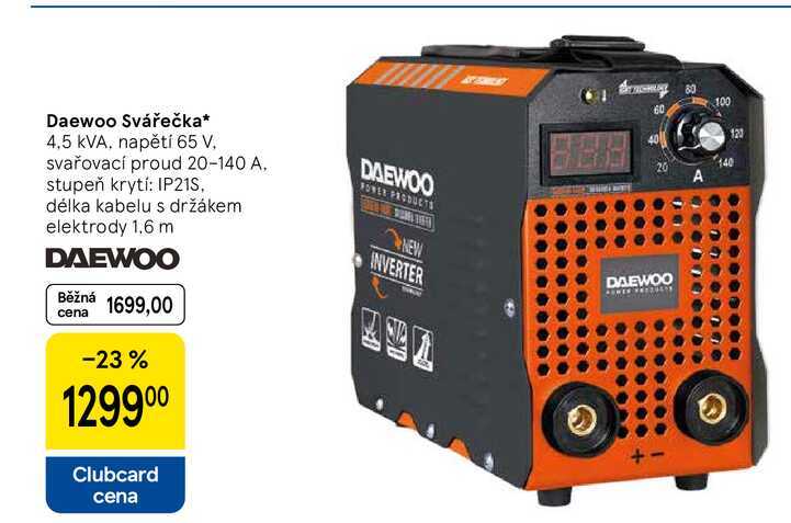 Daewoo Svářečka 4,5 kVA. napětí 65 V, svařovací proud 20-140 A, stupeň krytí: IP21S, délka kabelu s držákem, elektrody 1.6 m