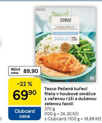 Tesco Pečená kuřecí fileta v houbové omáčce s vařenou rýží a dušenou zelenou fazolí, 370 g 