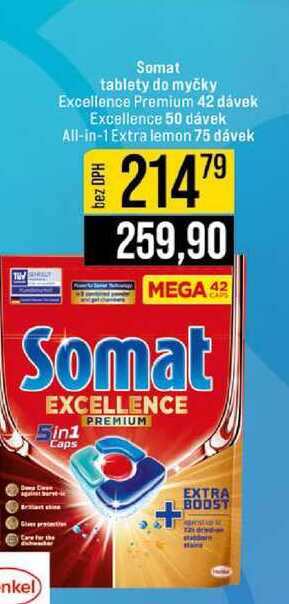 Somat tablety do myčky Excellence Premium 42 dávek Excellence 50 dávek All-in-1 Extra lemon 75 dávek 