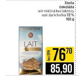 Stella čokoláda lait mléčná bez laktózy noir dark hořká 72% 100 g