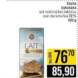 Stella čokoláda lait mléčná bez laktózy noir dark hořká 72% 100 g