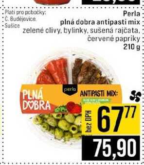 Perla plná dobra antipasti mix zelené olivy, bylinky, sušená rajčata. červené papriky 210 g 