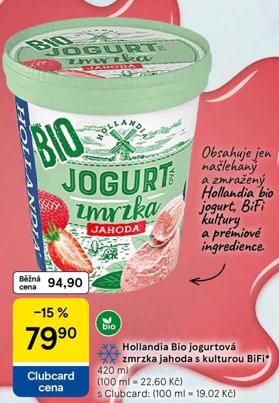 Hollandia Bio jogurtová zmrzka jahoda s kulturou BiFi, 420 ml  