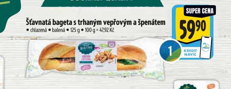 Šťavnatá bageta s trhaným vepřovým a špenátem  125 g