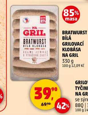BRATWURST BÍLÁ GRILOVACÍ KLOBÁSA NA GRIL, 330 g  