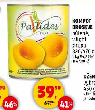 KOMPOT BROSKVE půlené, v light sirupu, 820/470 g