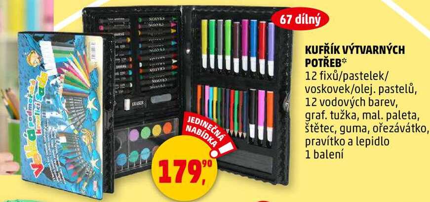 KUFŘÍK VÝTVARNÝCH POTŘEB, 12 fixů/pastelek/ voskovek/olej. pastelů, 12 vodových barev, graf. tužka, mal. paleta, štětec, guma, ořezávátko, pravítko a lepidlo, 1 balení 
