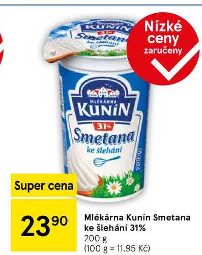 Mlékárna Kunín Smetana ke šlehání 31%, 200 g  
